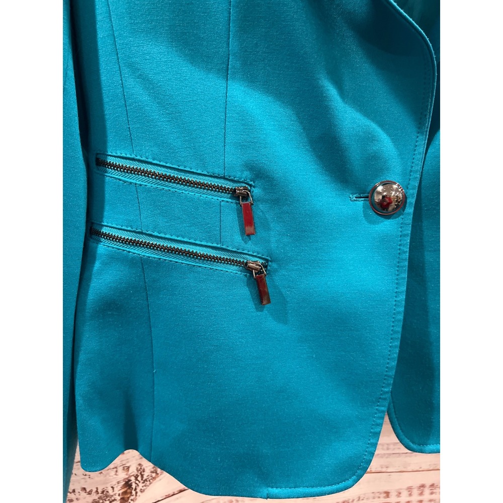 Anne Klein Teal Blue Single Button Zipper Pocket Blazer Jacket Womens 12 - Picture 3 of 7
